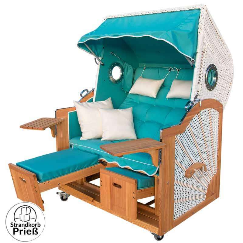 Strandkorb Prieß Modell Meister aus Lärchenholz mit weißem PE-Geflecht und türkisfarbenem Polster, Komfort-Strandkorb für zwei Personen