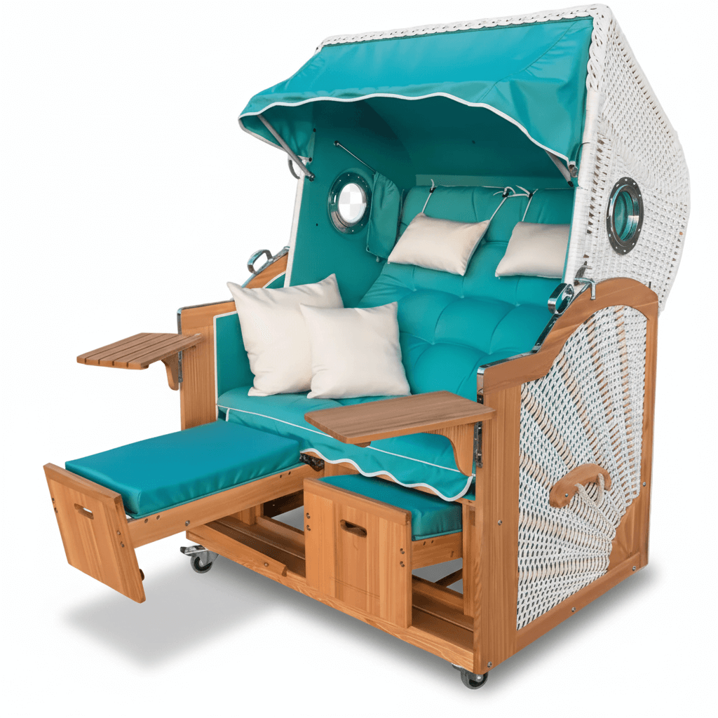 Strandkorb Prieß Modell Meister aus Lärche mit weißem PE-Geflecht und türkisfarbenen Polstern, Luxux-Strandkorb für zwei Personen