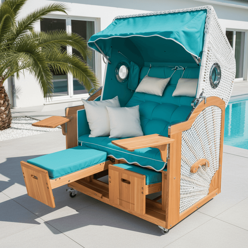 Strandkorb Prieß Modell Meister aus Lärche mit weißem PE-Geflecht und türkisfarbenen Polstern am Pool, Größe wählbar