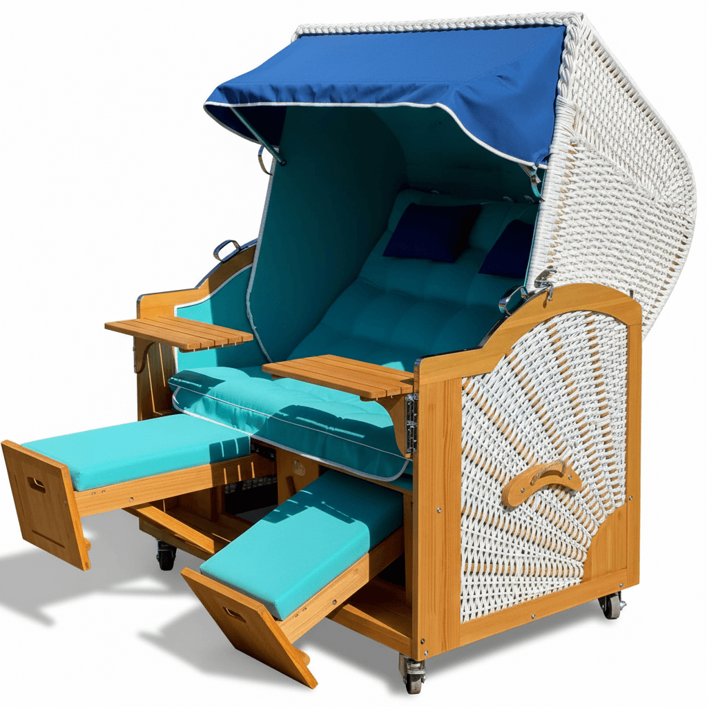 6042 Strandkorb Prieß, Modell Meister, Foto zeigt Lärche Holz, PE-Geflecht weiss, Größe wählbar, Stoff-Dessin wie abgebildet