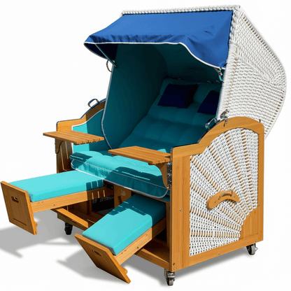 6042 Strandkorb Prieß, Modell Meister, Foto zeigt Lärche Holz, PE-Geflecht weiss, Größe wählbar, Stoff-Dessin wie abgebildet