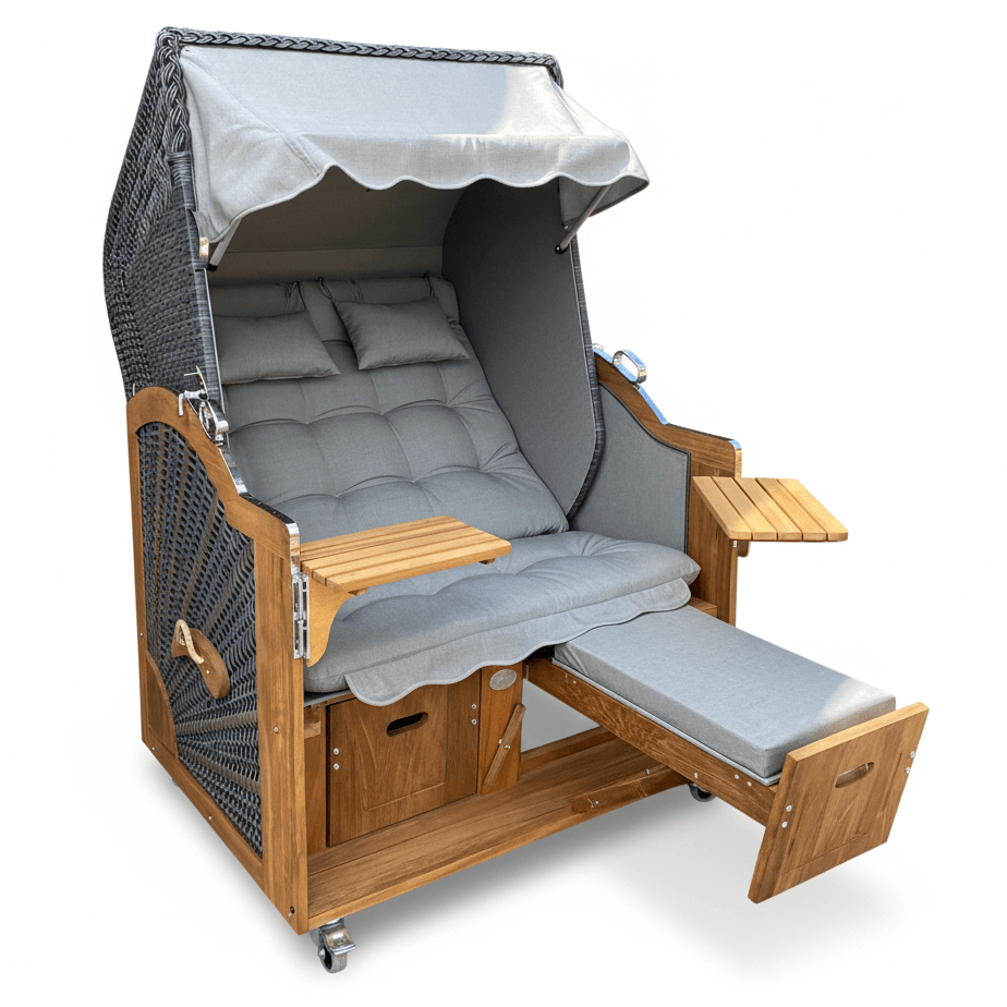 6030 Strandkorb Prieß, Modell Meister, Foto zeigt Iroko Holz, PE-Geflecht dunkelgrau, Größe wählbar, Stoff-Dessin wie abgebildet