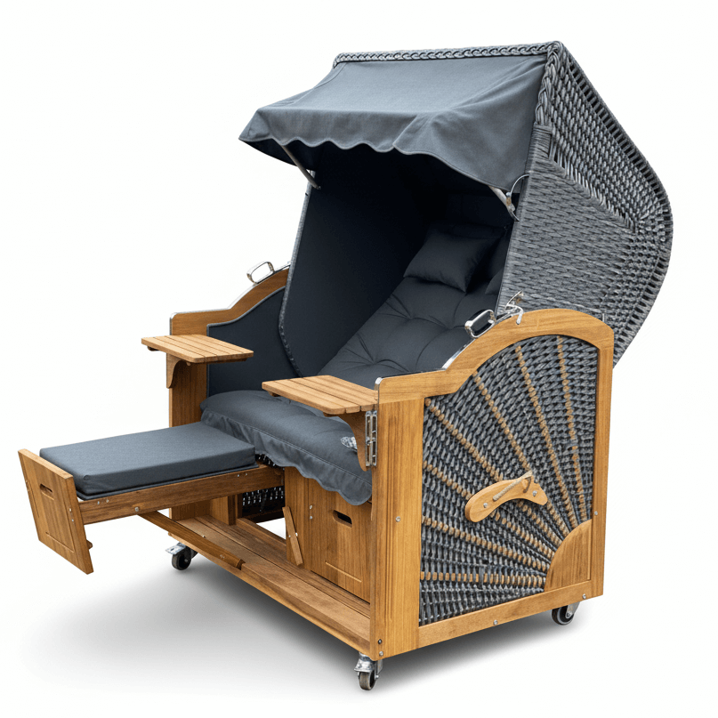 6011 Strandkorb Prieß, Modell Meister, Foto zeigt Iroko Holz, PE-Geflecht dunkelgrau, Größe wählbar, Stoff-Dessin wie abgebildet