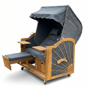 6011 Strandkorb Prieß, Modell Meister, Foto zeigt Iroko Holz, PE-Geflecht dunkelgrau, Größe wählbar, Stoff-Dessin wie abgebildet