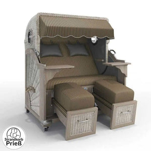 Strandkorb Strandkorbprofi Munkmarsch Teak Vintage white washed New York braun 57436 mit Bullauge und Fußstützen