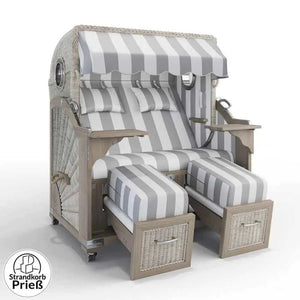 Strandkorb Strandkorbprofi Munkmarsch Teak Vintage white washed mit grau weißen Blockstreifen und Bullauge, Doppel-Strandkorb