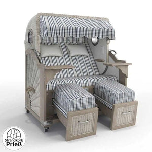 Strandkorb Strandkorbprofi Munkmarsch Teak Vintage white washed mit blau kariertem Bezug und Bullauge, Modell Palma blau