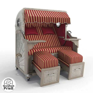 Strandkorb Strandkorbprofi Munkmarsch Teak Vintage white washed mit Bullauge und rot-creme Streifenpolster, Modell Porto 82333