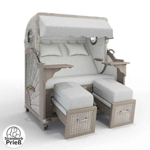 Strandkorb Strandkorbprofi Munkmarsch Teak Vintage white washed mit Bullauge und grauen Polstern, Doppel-Strandkorb mit Fußstützen