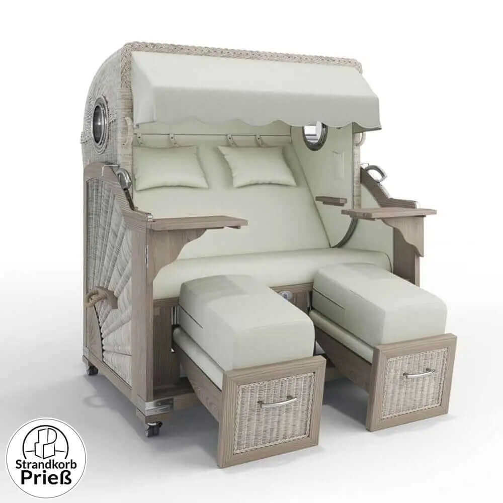 Strandkorb Strandkorbprofi Munkmarsch Teak vintage white washed mit Bullauge und beigen Polstern, Modell Rotterdam sand
