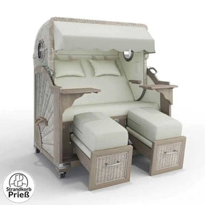 Strandkorb Strandkorbprofi Munkmarsch Teak vintage white washed mit Bullauge und beigen Polstern, Modell Rotterdam sand