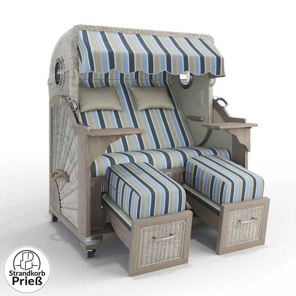 Strandkorb Strandkorbprofi Munkmarsch Teak Vintage white washed Valencia_blau_taupe_65205_Bullauge - Strandkorb Fachhandel Prieß
