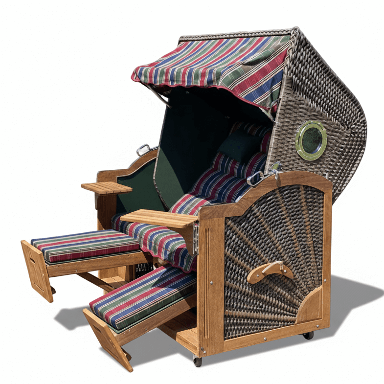 6060 Strandkorb Prieß, Modell Meister, Foto zeigt Iroko Holz, PE-Geflecht cappuccino, Größe wählbar, Stoff-Dessin wie abgebildet