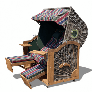 6060 Strandkorb Prieß, Modell Meister, Foto zeigt Iroko Holz, PE-Geflecht cappuccino, Größe wählbar, Stoff-Dessin wie abgebildet