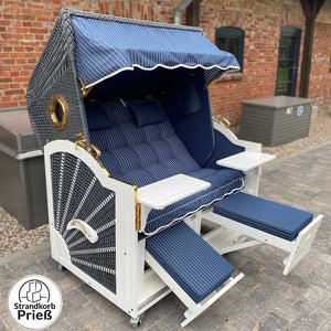 6033 Strandkorb Prieß, Modell Meister, Foto zeigt Lärche weiß lackiert, PE-Geflecht anthrazit, Größe wählbar, Stoff-Dessin wie abgebildet - Strandkorb Fachhandel Prieß