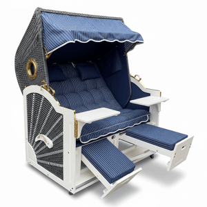 6033 Strandkorb Prieß, Modell Meister, Foto zeigt Lärche weiß lackiert, PE-Geflecht dunkelgrau, Größe wählbar, Stoff-Dessin wie abgebildet