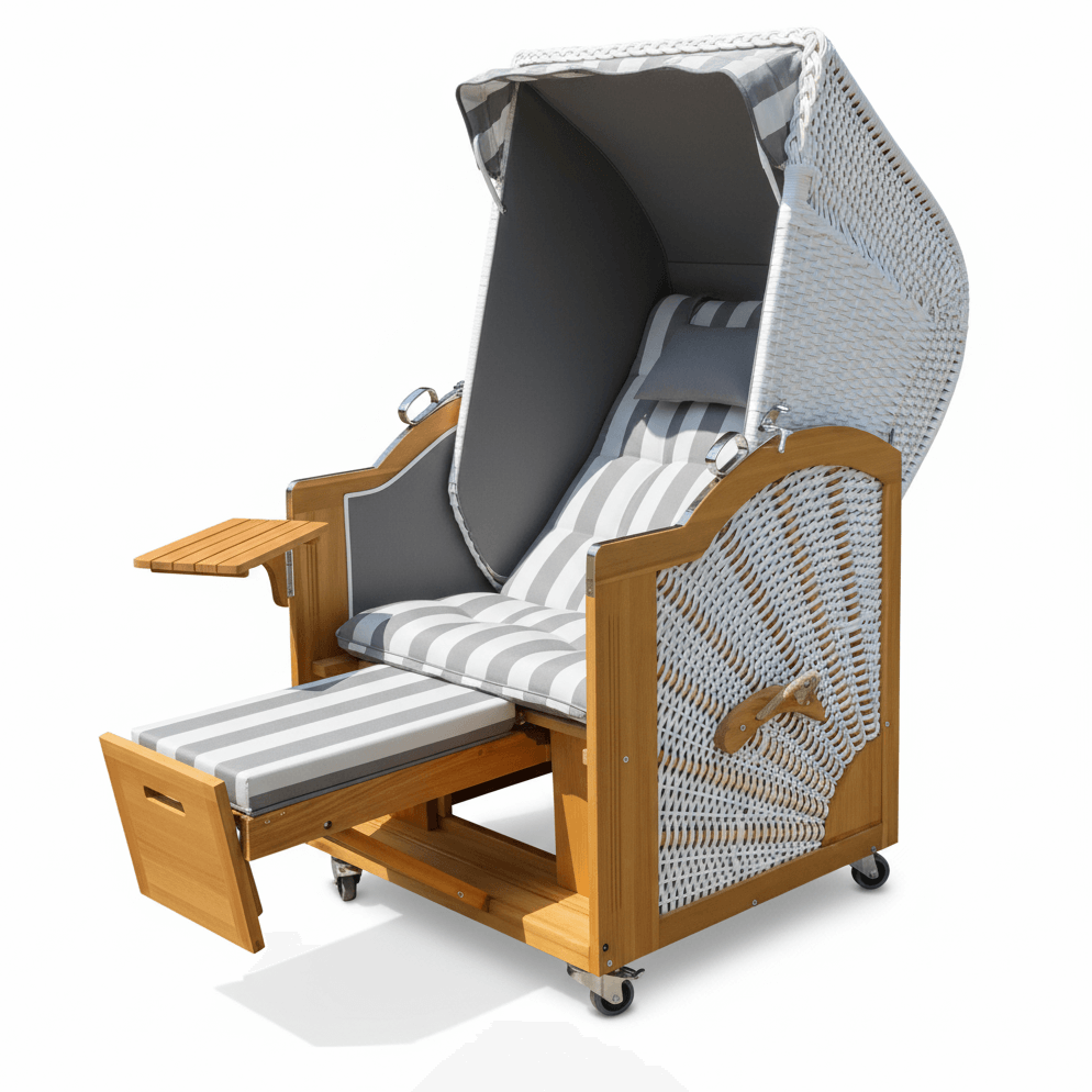 6047 Strandkorb Prieß, Modell Meister, Foto zeigt Lärche Holz, PE-Geflecht weiss, Größe wählbar, Stoff-Dessin wie abgebildet