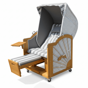 6047 Strandkorb Prieß, Modell Meister, Foto zeigt Lärche Holz, PE-Geflecht weiss, Größe wählbar, Stoff-Dessin wie abgebildet