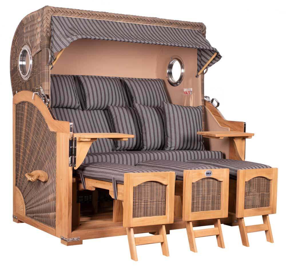 Strandkorb Mr. Deko Düne Grande Bullaugen Teak PE grey 3-Sitzer XXL Dessin 500 - Strandkorb Fachhandel Prieß
