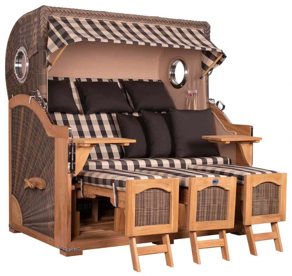 Strandkorb Mr. Deko Düne Grande Bullaugen Teak PE grey 3-Sitzer XXL Dessin 505 - Strandkorb Fachhandel Prieß