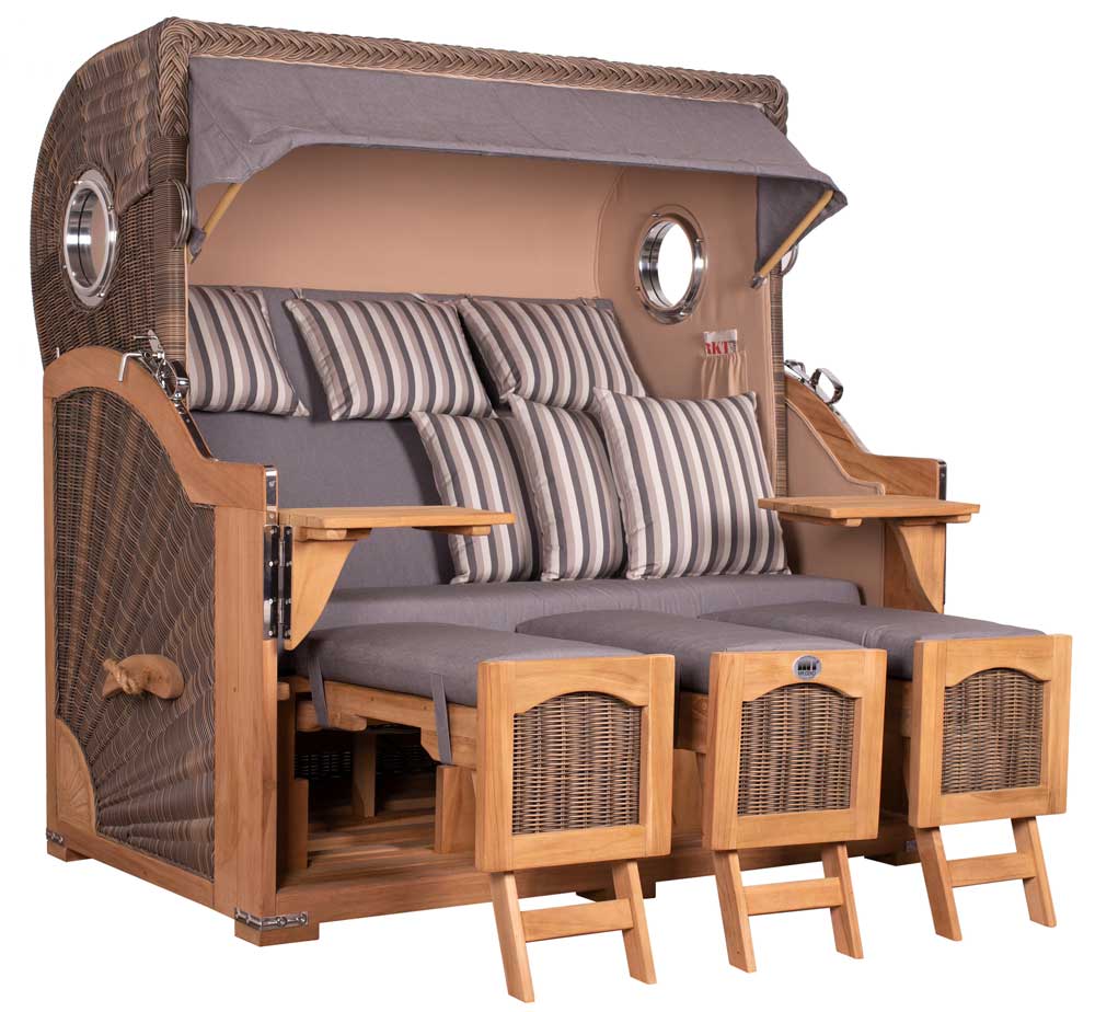 Strandkorb Mr. Deko Düne Grande Bullaugen Teak PE grey 3-Sitzer XXL Dessin 544 - Strandkorb Fachhandel Prieß