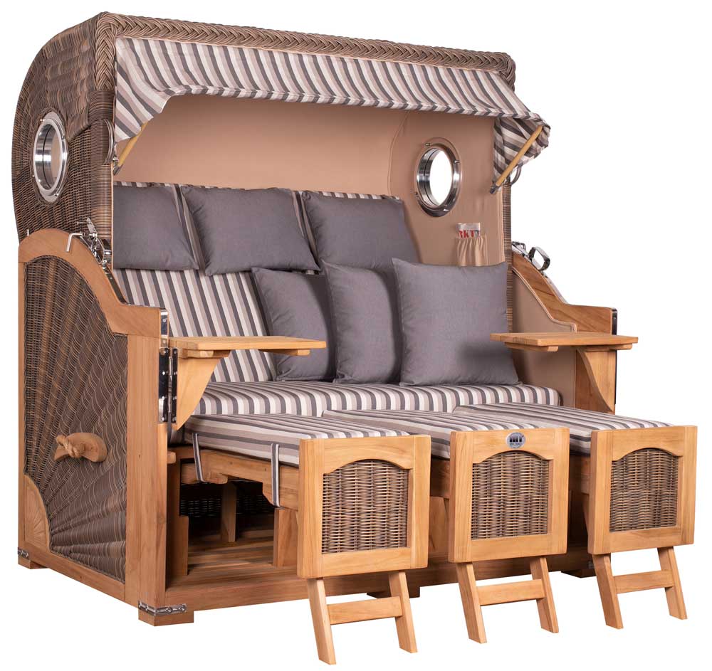 Strandkorb Mr. Deko Düne Grande Bullaugen Teak PE grey 3-Sitzer XXL Dessin 545 - Strandkorb Fachhandel Prieß