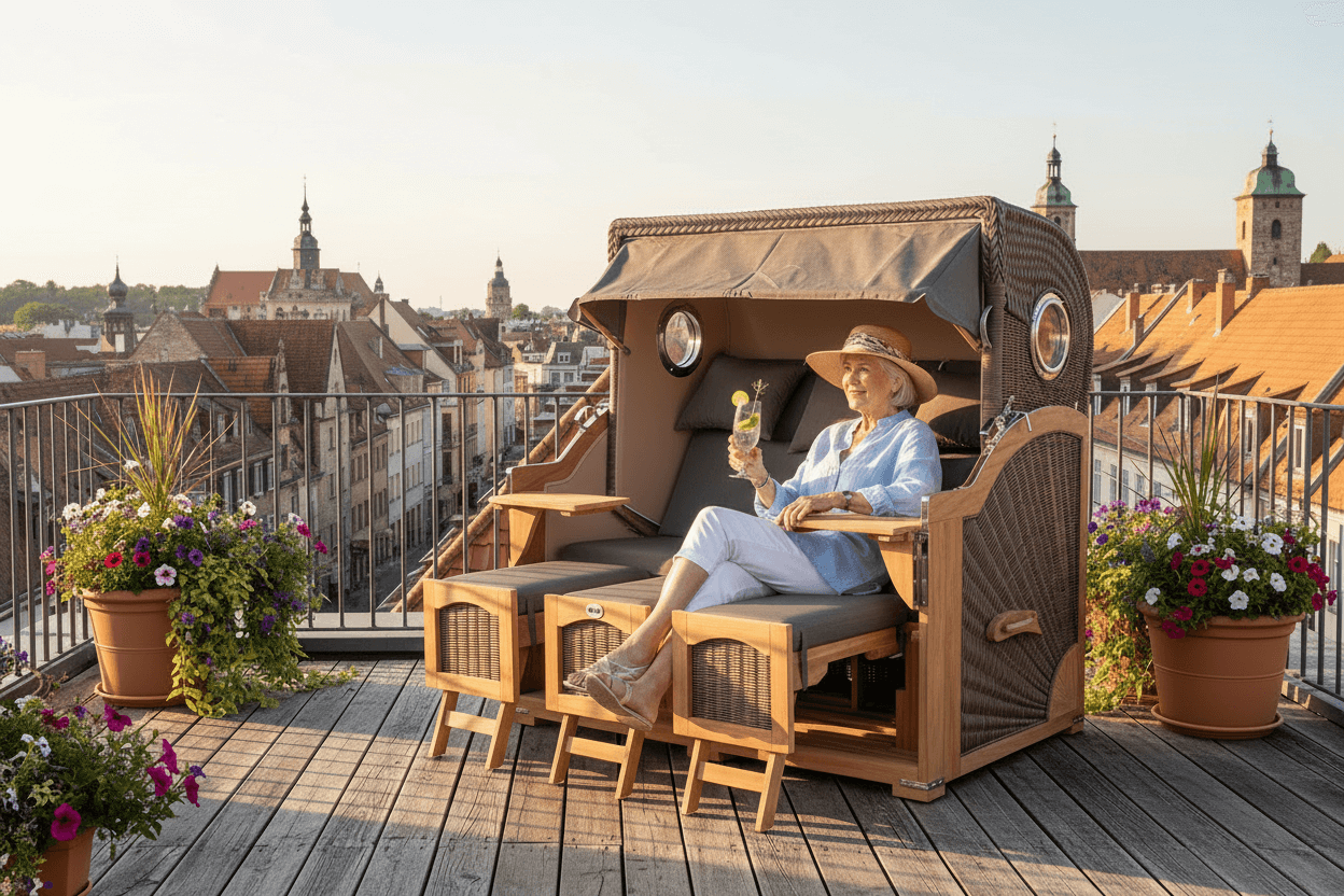 Strandkorb Mr. Deko Düne Grande Bullaugen Teak PE grey 3-Sitzer XXL auf Dachterrasse mit Stadtblick