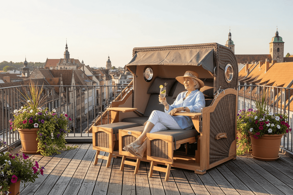 Strandkorb Mr. Deko Düne Grande Bullaugen Teak PE grey 3-Sitzer XXL auf Dachterrasse mit Stadtblick