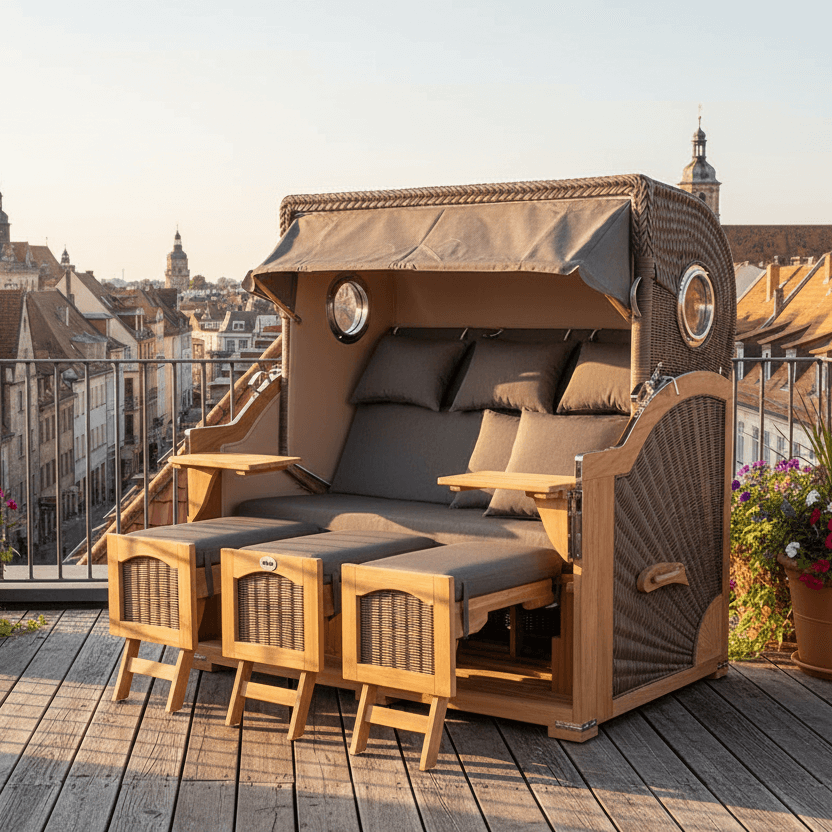 Strandkorb Düne Grande XXL Dreisitzer aus Teak in Grau mit Bullaugen und Fußstützen auf Dachterrasse mit Stadtblick