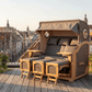 Strandkorb Mr. Deko Düne Grande Bullaugen Teak PE grey 3-Sitzer XXL auf Dachterrasse mit Stadtblick