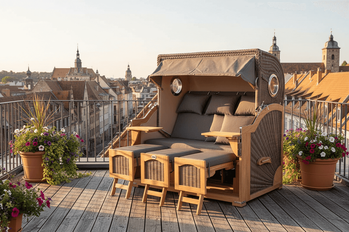Strandkorb Mr. Deko Düne Grande Bullaugen Teak PE grey 3-Sitzer XXL auf Dachterrasse mit Stadtblick