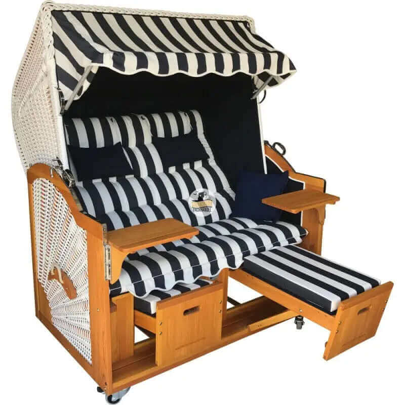 6065 Strandkorb Prieß, Modell Meister, Foto zeigt Lärche Holz, PE-Geflecht weiss, Größe wählbar, Stoff-Dessin wie abgebildet - Strandkorb Fachhandel Prieß