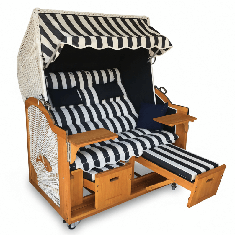 6065 Strandkorb Prieß, Modell Meister, Foto zeigt Lärche Holz, PE-Geflecht weiss, Größe wählbar, Stoff-Dessin blau weiss