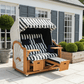 6065 Strandkorb Prieß, Modell Meister, Foto zeigt Lärche Holz, PE-Geflecht weiss, Größe wählbar, Stoff-Dessin blau weiss