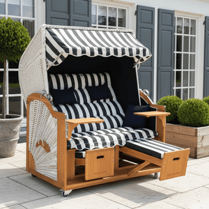 6065 Strandkorb Prieß, Modell Meister, Foto zeigt Lärche Holz, PE-Geflecht weiss, Größe wählbar, Stoff-Dessin blau weiss