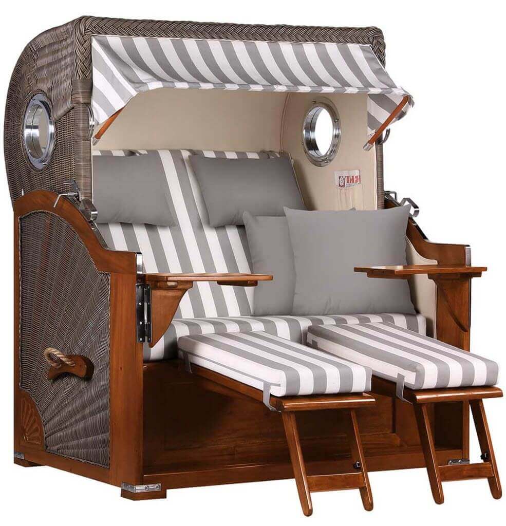 Strandkorb Baltikum Bullaugen Mahagoni Geflecht PE grey 2,5-Sitzer XL Dessin 513 - Strandkorb Fachhandel Prieß