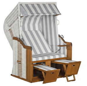 Strandkorb SunnySmart Rustikal 250 Basic weiß mit grau-weißem Streifendesign, 2-Sitzer Halbliegemodell aus PVC-Geflecht