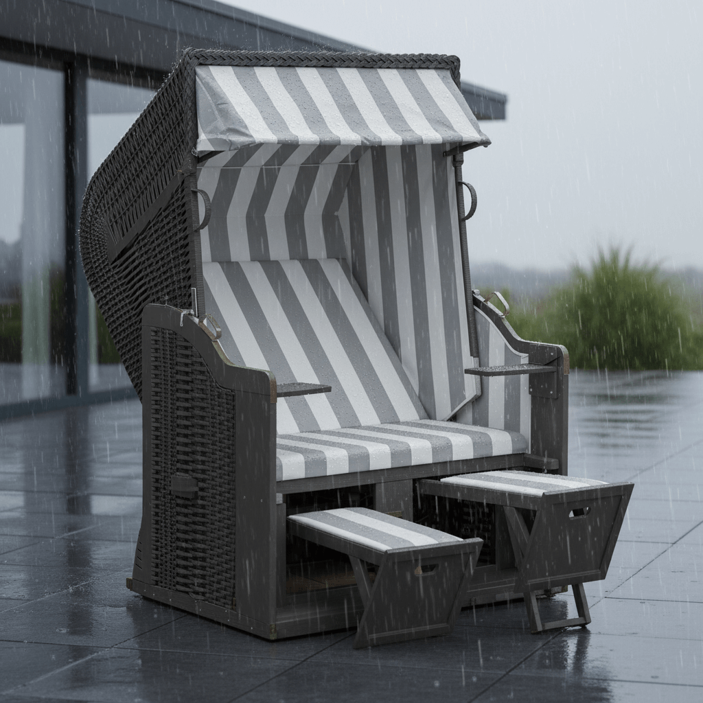 Strandkorb SunnySmart Rustikal 250 Basic aus anthrazit PVC-Geflecht mit grau lasiertem Holz und PVC Stoff 210 im Regen auf Terrasse