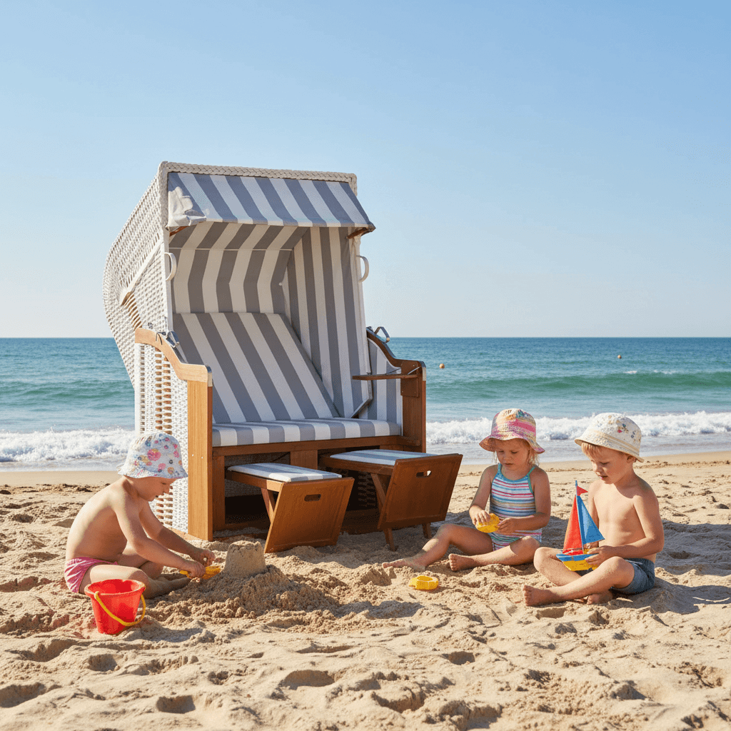Strandkorb SunnySmart Rustikal 250 Basic in Weiß am Sandstrand, Kinder spielen davor im Sand vor dem Meer