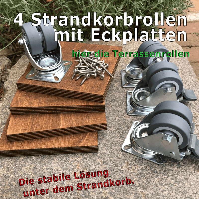 Strandkorb Rollen Set mit 4 Strandschubrollen und Eckplatten für müheloses Bewegen von Strandkörben.