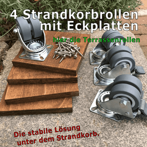 Strandkorb Rollen Set mit 4 Strandschubrollen und Eckplatten für müheloses Bewegen von Strandkörben.