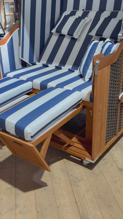 Strandkorb Kiel Edelstahl 250 Plus, PVC-Geflecht anthrazit, Dessin 1080 blau weiss