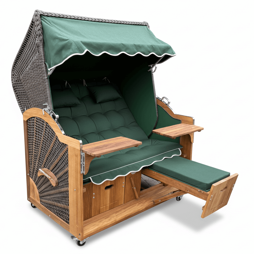 Strandkorb Prieß Modell Meister aus Iroko Holz mit cappuccino PE-Geflecht und grünem Stoffdessin, verstellbare Fußstützen