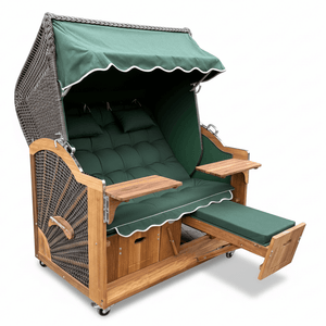 Strandkorb Prieß Modell Meister aus Iroko Holz mit cappuccino PE-Geflecht und grünem Stoffdessin, verstellbare Fußstützen