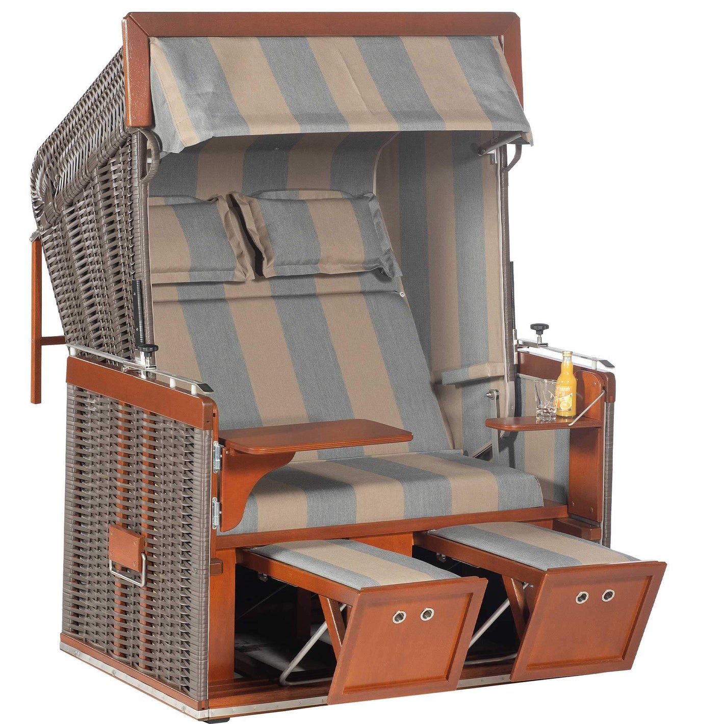Strandkorb Sonnenpartner Modell Präsident 2-Sitzer Liegemodell in cappuccino mit Holz Dickschichtlasur und Dessin 74