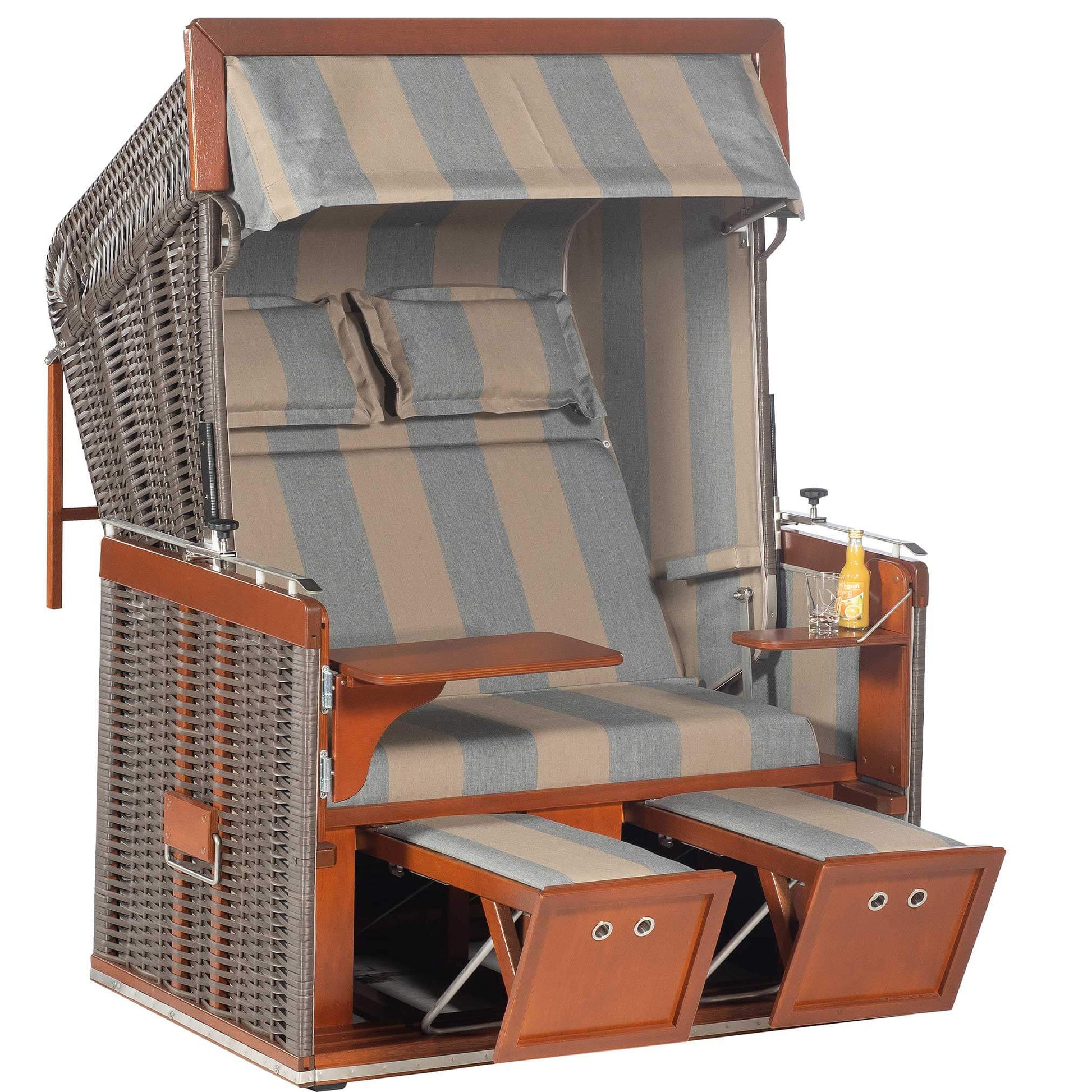 Strandkorb Sonnenpartner Modell Präsident 2-Sitzer Liegemodell in cappuccino mit Holz Dickschichtlasur und Dessin 74