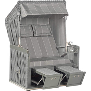 Strandkorb Sonnenpartner Modell Konsul, 2-Sitzer mit grauem Onix-Geflecht und gräulichem Polster, elegantes Design.