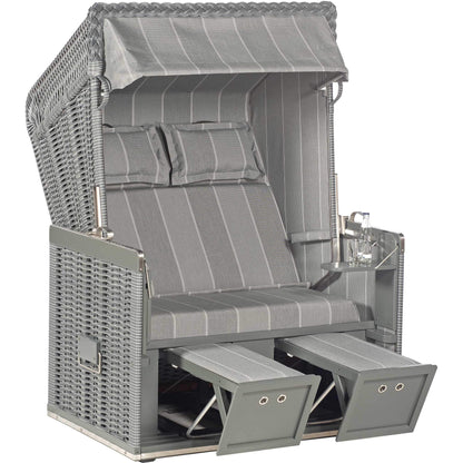 Strandkorb Sonnenpartner Modell Konsul, 2-Sitzer mit grauem Onix-Geflecht und gräulichem Polster, elegantes Design.