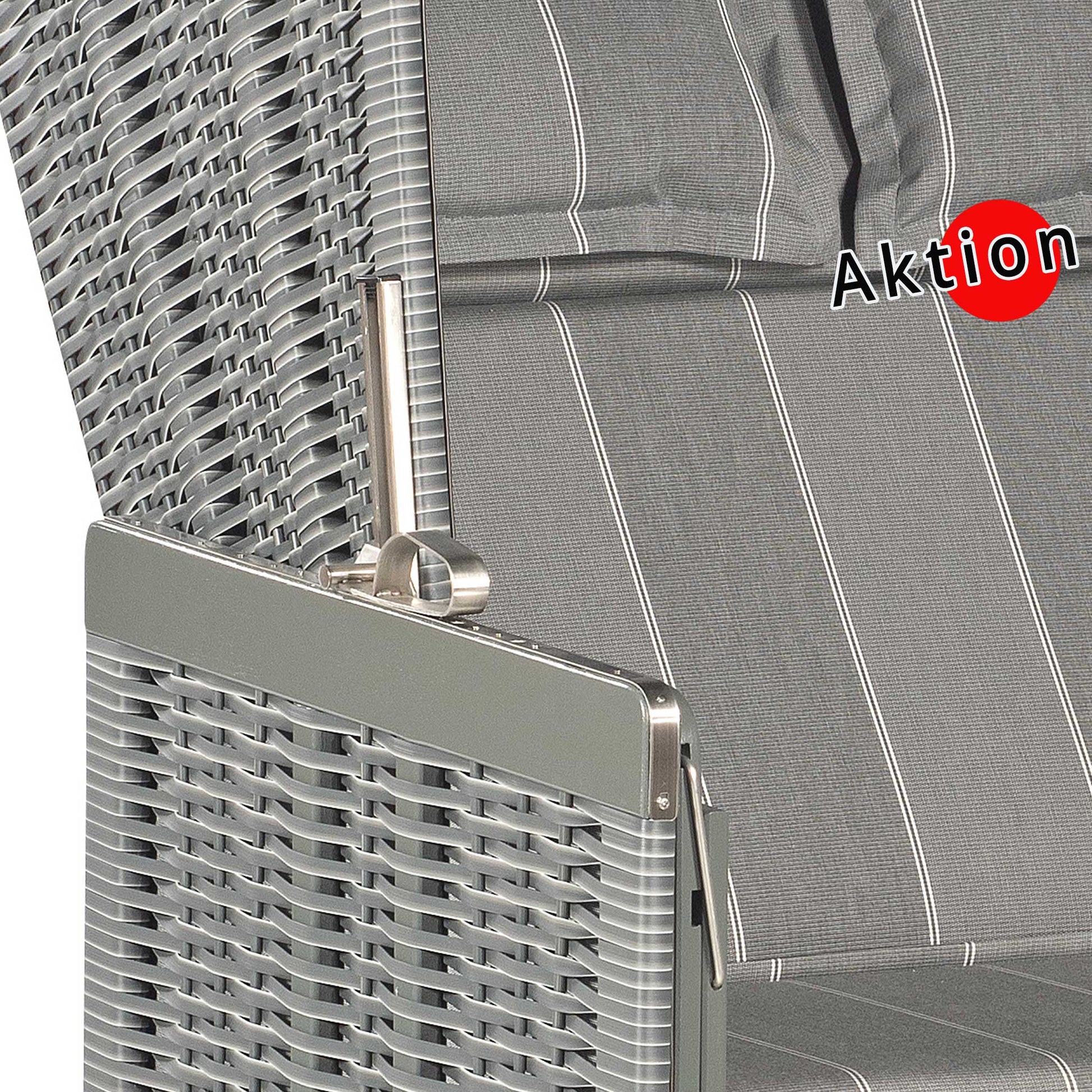 Detailansicht des Strandkorb Sonnenpartner Konsul 2-Sitzer mit elegantem Onix-Geflecht und grauen Polstern.