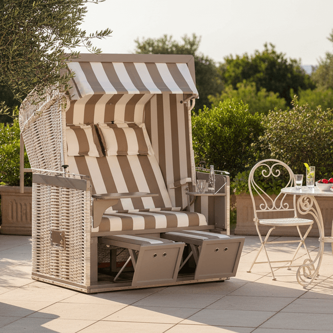 Strandkorb Präsident 2-Sitzer Liegemodell in Antik-Weiß mit Beige-Weiß-Streifen auf Terrasse im Garten